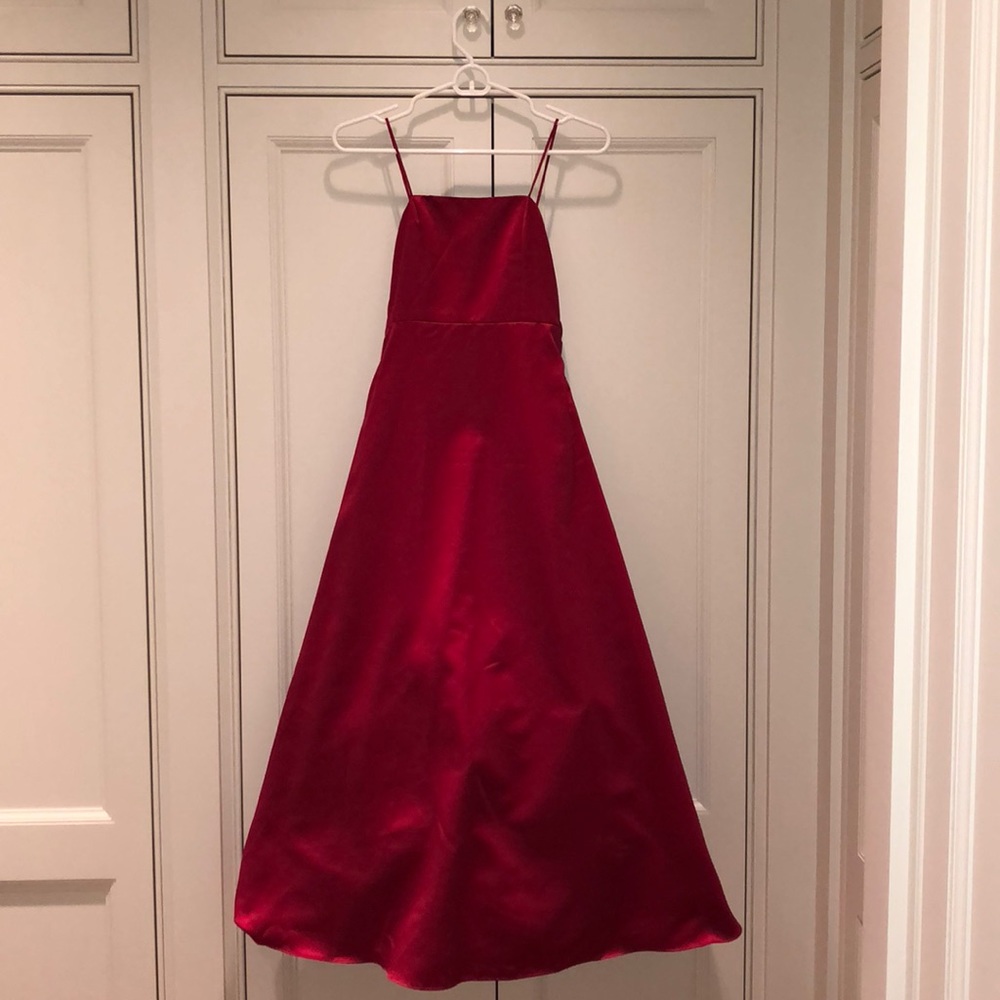 Pretty long red David’s Bridal gown girls size 8